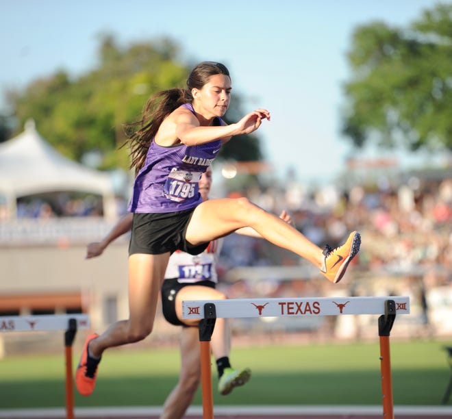 Merkel's Alyssa O'Malley competes in the 300 hurdles at the state track and field meet in Austin on Thursday.