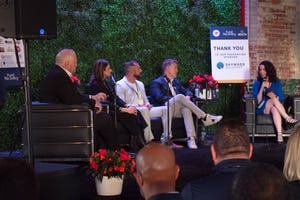 (L to R) Ryan Cain, Chad Koller, Dr.  Meeta Singh, Eric Hipple and Sara Tigay speak during the first panel at the Walk & Talk of Detroit charity event in Detroit, Michigan on Thursday, May 12, 2022.