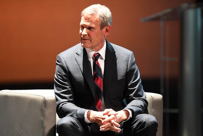 Gov. Bill Lee speaks with USA Today Network Regional Editor Michael Anastasi at an elections forum hosted by the USA TODAY Network Tennessee in partnership with UT and Lipscomb University, held at the University of Tennessee Knoxville campus, Thursday, May 12, 2022.