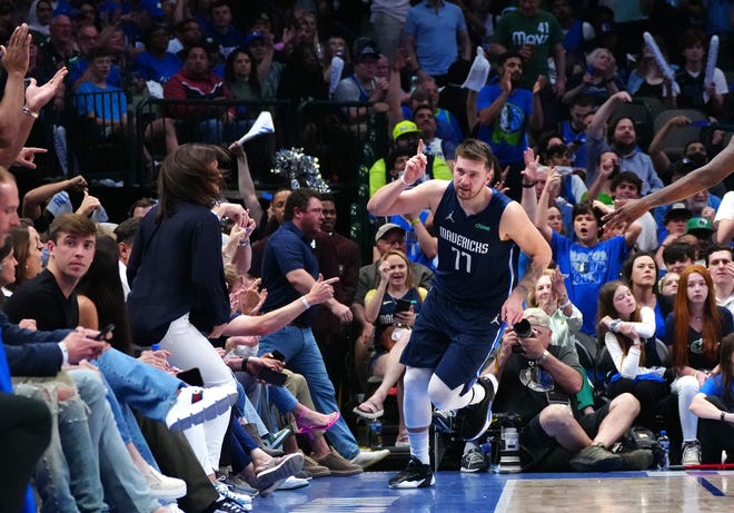 May 12, 2022;  Dallas, TX;  USA;  Mavericks Luka Doncic celebrates a basket against the Suns during game 6 of the second round of the Western Conference Playoffs.
