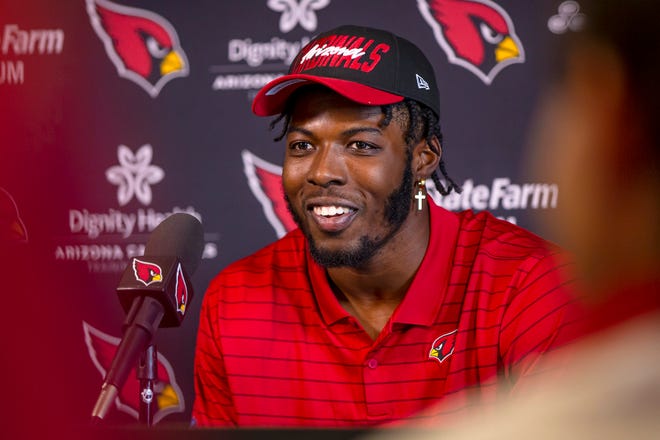 Myjai Sanders , one of the newest draft picks for the Arizona Cardinals, speaks with reporters during a press conference held at the Dignity Health Arizona Cardinals Training Center in Tempe on May 12, 2022.