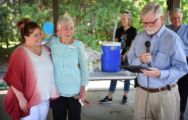 Wichita County Judge Woody Gossom reads a proclamation announcing May 12 as Bettye Ricks Day Thursday afternoon. Ricks is retiring after 60 years with Camp Fire North Texas. Erica Mundt, left, is the incoming executive director.
