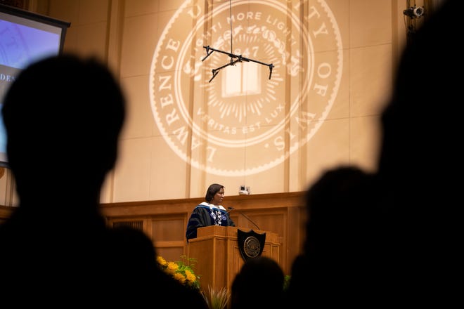 Lawrence University President Laurie A. Carter delivers her inauguration address Friday, May 13, 2022, in Memorial Chapel. She is the 17th president in Lawrence’s 175-year history.