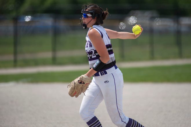 Lakeview's Kaitlyn Love (12) pitches the ball at Bailey Park in Battle Creek, Michigan on Saturday, May 14, 2022.
