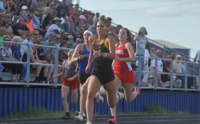 Colonel Crawford's Katie Ruffener leads the pack ahead of Wynford's Chloe Kaple, Bucyrus' Emma Tyrrell and Buckeye Central's Nevaeh Metzger in the 100 dash.