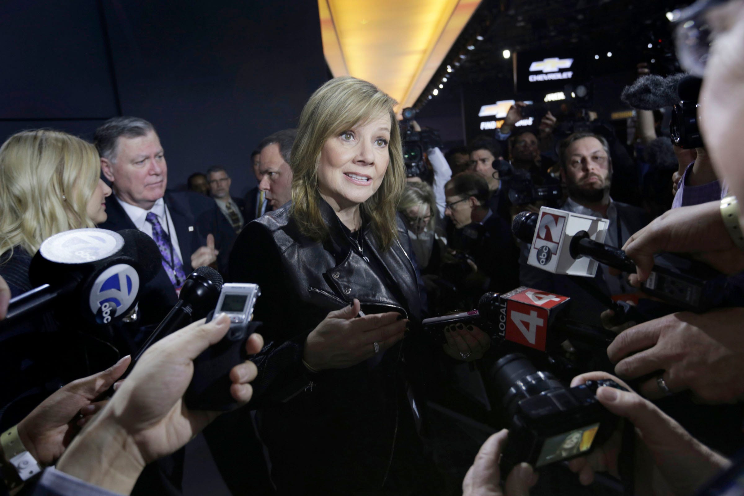 General Motors CEO Mary Barra answers questions from the news media after the 2018 Chevrolet Traverse was revealed during the 2017 North American International Auto Show at Cobo Center in Detroit on Jan. 9, 2017.