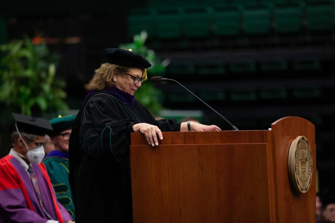 President Joyce McConnell gives remarks at Colorado State University’s College of Natural Sciences graduation ceremony on May 14 at Moby Arena in Fort Collins.