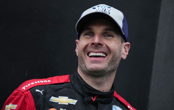 Team Penske driver Will Power (12) celebrates winning third in the GMR Grand Prix on Saturday, May 14, 2022, Indianapolis Motor Speedway in Indianapolis.