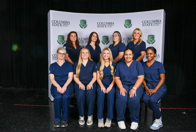 Columbia State Spring 2022 Anesthesia Technology graduates earn a degree from one of the only programs in the state. (Left) Jessica Doak, Savannah Hovind, Amy Lovett and Harper Brewer. (Sitting, left to right):Victoria Jaggers, Hayden Brunt, Sara Brown, Malaya Neese and Blair Peters.