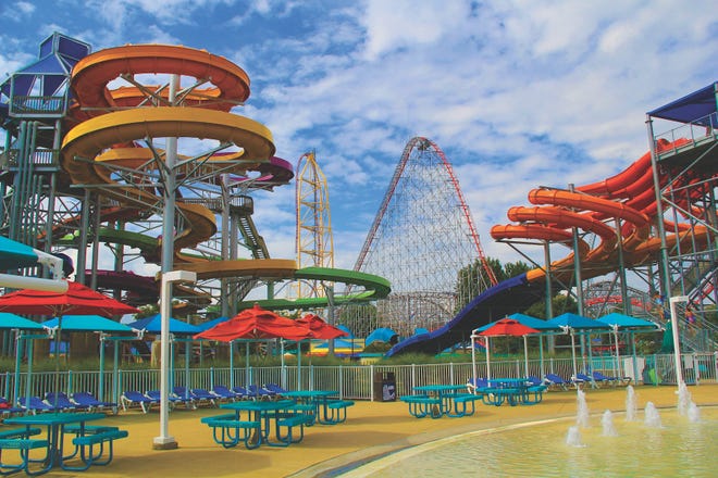 The roller coasters of Cedar Point provide a backdrop for the aquatic thrills at Cedar Point Shores Waterpark.