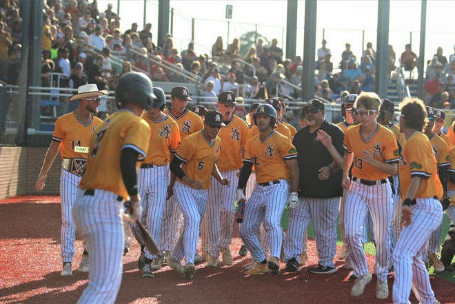 The Gators celebrate after a Lee Amedee home run during St. Amant’s 9-6 championship loss to West Monroe.