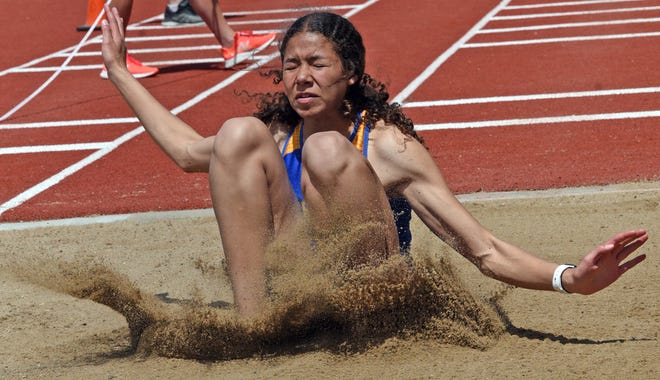 Ciara Frank of Aberdeen Central competes in the girls long jump at the Eastern South Dakota Conference Track and Field Championships Saturday at Williams Field in Yankton.