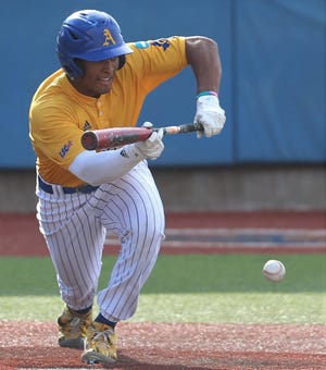 Angelo State University's Koby Kelton lays down a bunt against West Texas A&M in the Lone Star Conference Baseball Tournament finals at Foster Field at 1st Community Credit Union Stadium on Saturday, May 14, 2022.