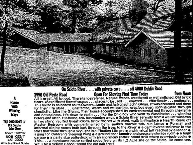 This Columbus Dispatch ad from June 4, 1978, advertises John and Annie Glenn's home on the Scioto River. The home is now listed for $1.345 million.