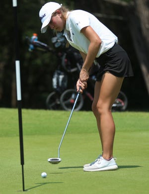 Mason High School's Avery Burns putts during the opening round of the UIL Class 2A Girls Golf State Championships on Monday, May 16, 2022, at Lions Municipal Golf Course in Austin.