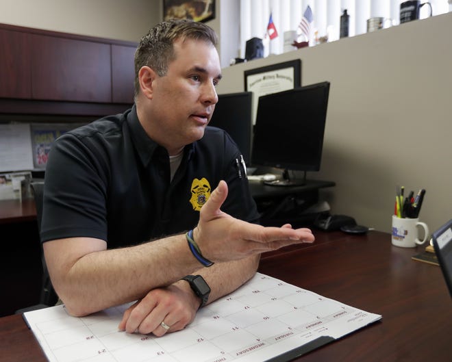 Police Chief Ryan Fox talks during an interview May 12 at the Plover Police Department.