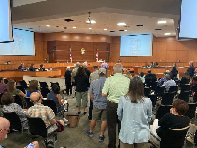 People line up to speak about the proposed SilverLeaf expansion during public comment on Tuesday at the St. Johns County Commission meeting in the county auditorium at 500 San Sebastian View.