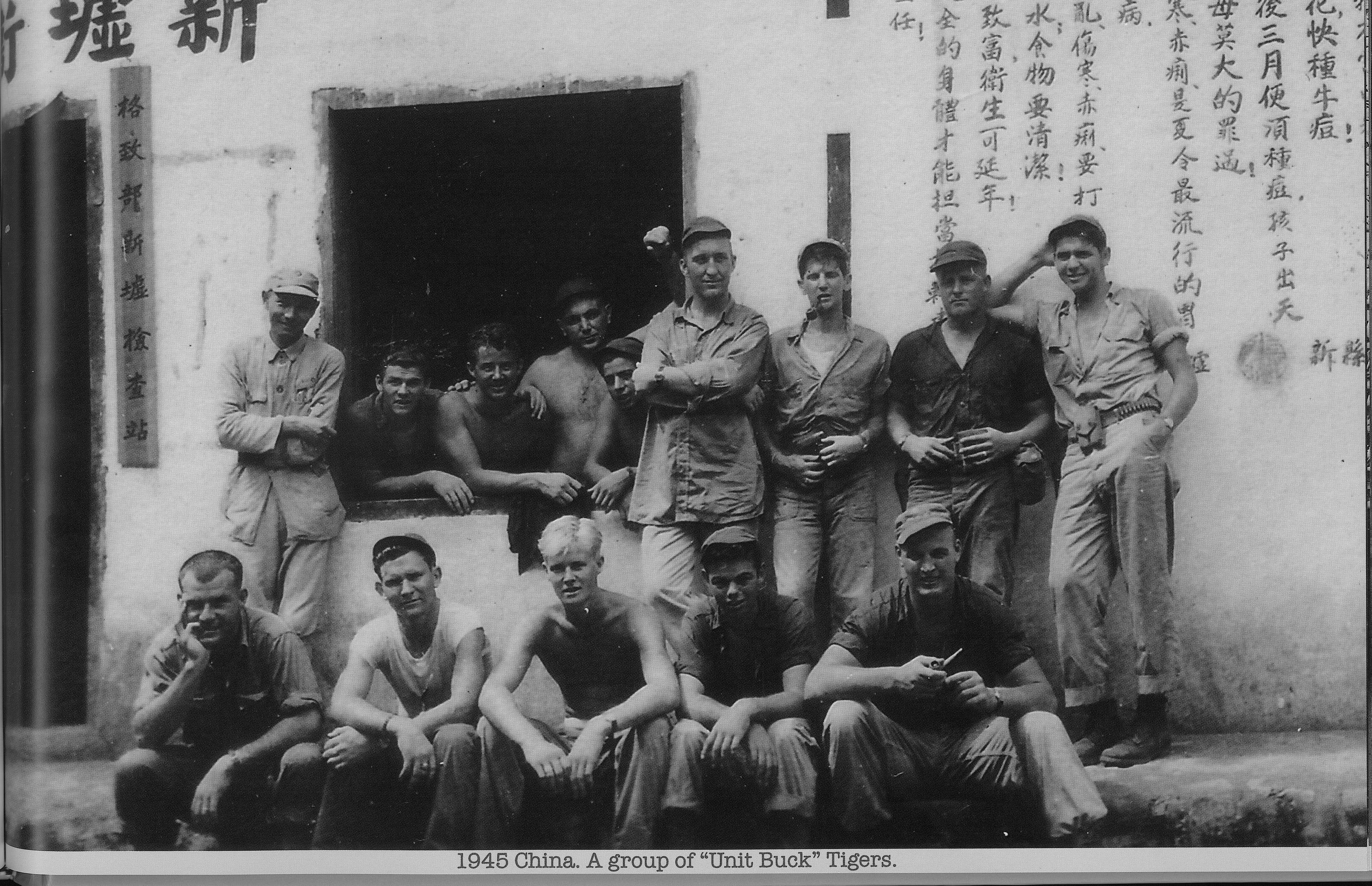 “Unit Buck” tigers named after Lt. Phil Bucklew in China in 1945. Bucklew is in the front row on the far right. 