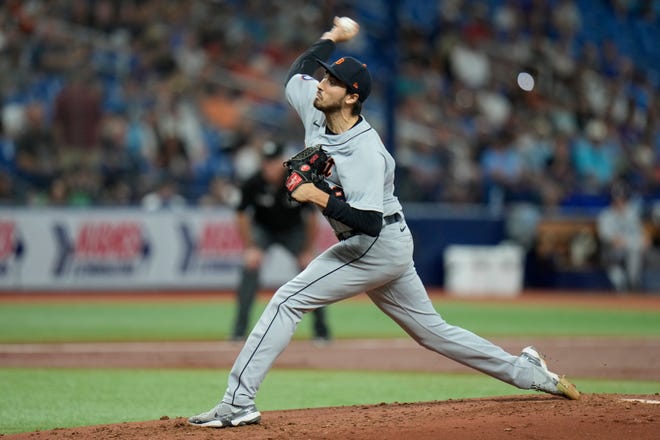 Tigers pitcher Alex Faedo in the third inning against the Rays on Monday, May 16, 2022 in St. Petersburg, Fla.
