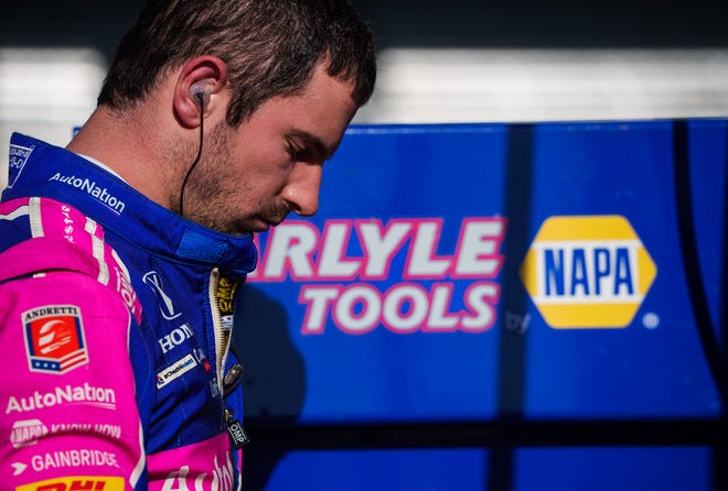 Andretti Autosport driver Alexander Rossi (27) finishes up his first practice run Tuesday, May 17, 2022, in preparation for the 106th running of the Indianapolis 500 at Indianapolis Motor Speedway.
