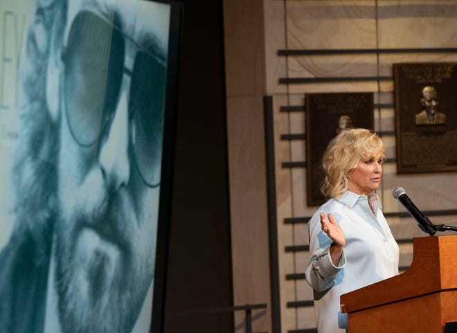 Lorrie Morgan makes remarks about her late husband Keith Whitley after Whitley was announced as a 2022 Country Music Hall of Fame inductee during a press conference at the Country Music Hall of Fame Tuesday, May 17, 2022, in Nashville, Tenn.