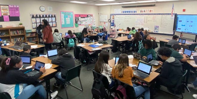 The sixth grade classrooms at Apricot Valley Elementary, such as Erika Brown's classroom, are all at capacity. Space is at a premium inside classrooms, leaving room for little more than students and their desks.