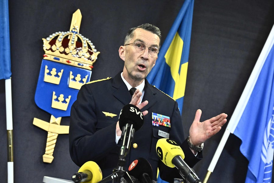Supreme Commander of the Swedish Armed Forces Micael Byden gives a press conference in Stockholm, Sweden, on May 16, 2022. - Sweden will apply for membership in NATO as a deterrent against Russian aggression, Swedish Prime Minister Magdalena Andersson said in a historic reversal of the country's decades-long military non-alignment.     "The government has decided to inform NATO that Sweden wants to become a member of the alliance. Sweden's NATO ambassador will shortly inform NATO," Andersson told reporters a day after neighbouring Finland made a similar announcement. (Photo by Claudio BRESCIANI / TT News Agency / AFP) / Sweden OUT (Photo by CLAUDIO BRESCIANI/TT News Agency/AFP via Getty Images)