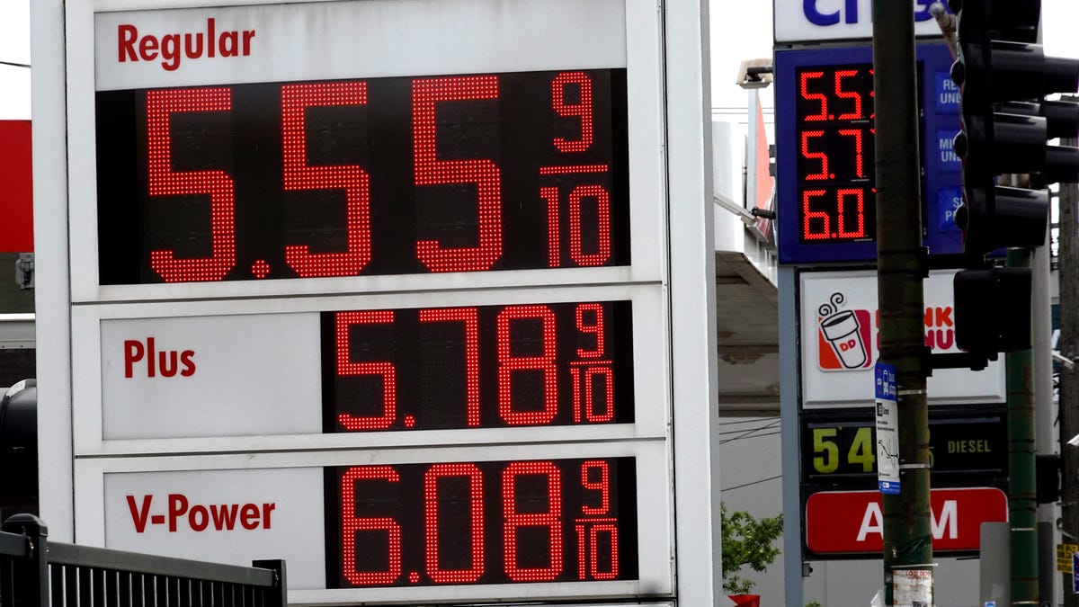 A sign displays gas prices at a gas station on May 10, 2022 in Chicago, Illinois.
