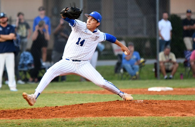 Lakeland Christian left-handed pitcher Anthony Schatz holds off No. 2-ranked Berkeley Prep duing a relief performance in a Class 3A regional final on Tuesday at Vikings Stadium in Lakeland.