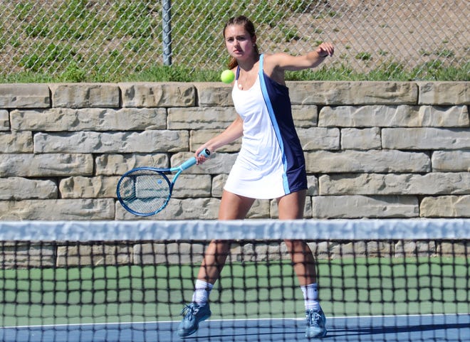 Petoskey's Lindsey LaGrou of No. 1 singles gets ready to return a shot in her match Tuesday.