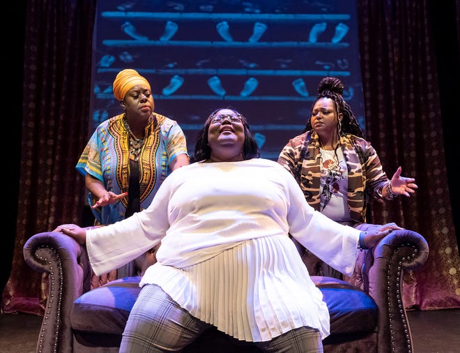 From left, Clemmie Hilton, Catherine Doughty-Walker, and NorQuina Rieves in Theatre Tuscaloosa's production of "The Mamalogues" by Lisa B. Thompson, running May 20-29, 2022, in the Bean-Brown Theatre.