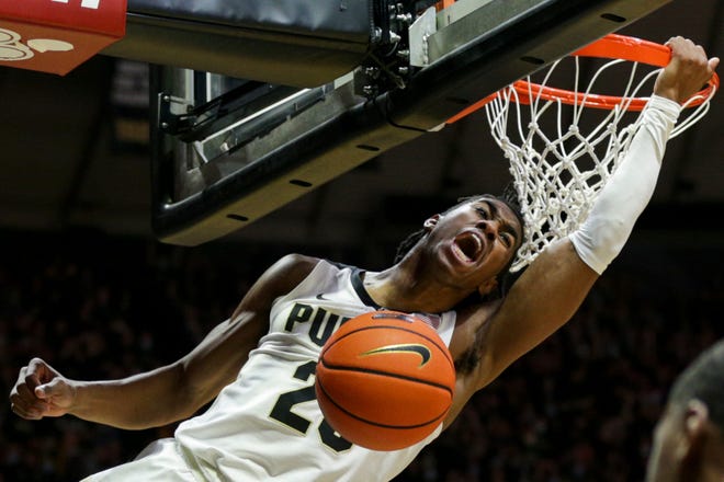 Purdue guard Jaden Ivey reacts after dunking against Iowa, Dec. 3, 2021 at Mackey Arena in West Lafayette, Ind.