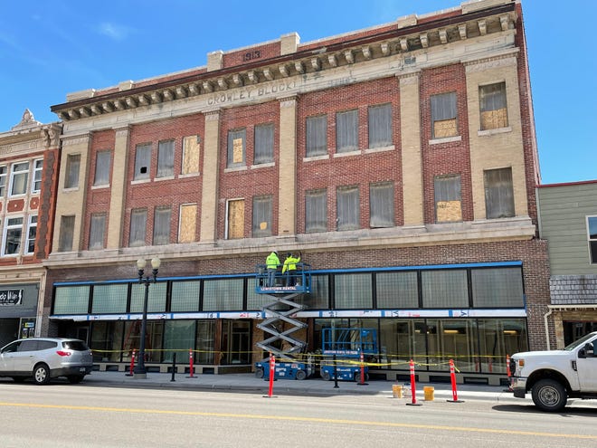 Work progresses on the Crowley Block building in Lewistown. Thanks in large part to funds made available through the Environmental Protection Agency's Brownsfields program, the once vacant building will soon house a new community health clinic and 16 upper story apartments.
