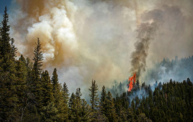 Fire rages along a ridgeline east of highway 518 near the Taos County line as firefighters from all over the country converge on Northern New Mexico to battle the Hermit's Peak and Calf Canyon fires on May 13, 2022.