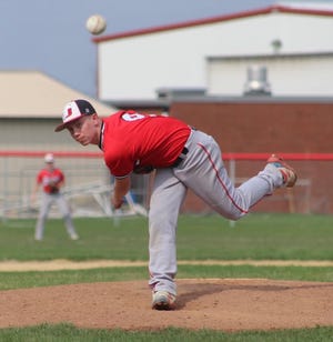 United senior Nolan Leffler delivers a pitch last week in a home game in rural Monmouth. The lefty tossed a perfect game in Class 1A regional semifinal action against West Central on Wednesday.