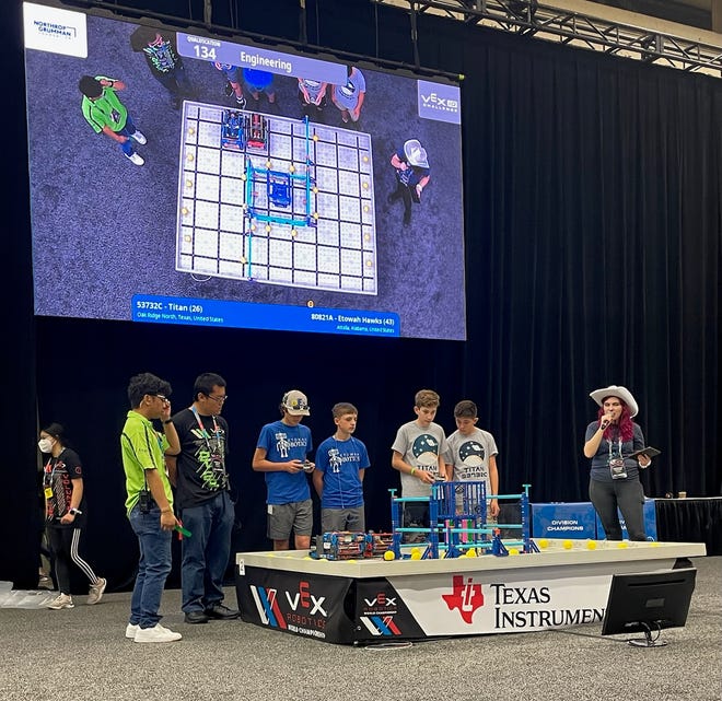 Etowah Middle School robotics students showcasing their work at the VEX Robotics World Championships.