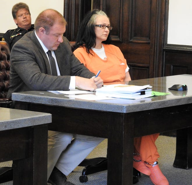 Attorney Zachuary Meranda with client Melannis Stevens in Coshocton County Common Pleas Court. Stevens received seven years in prison for a hit-and-run crash in March 2021 that critically injured a Waynesburg couple on a motorcycle.