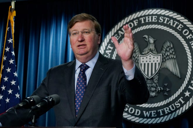 Mississippi Gov. Tate Reeves addresses gas prices during a Wednesday, May 18, 2022, press conference in Jackson, Miss.