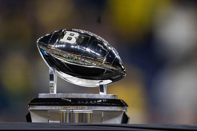 December 4, 2021;  Indianapolis, IN, USA;  The Big Ten Trophy at Lucas Oil Stadium.  Mandatory Credit: Trevor Ruszkowski - USA TODAY Sports