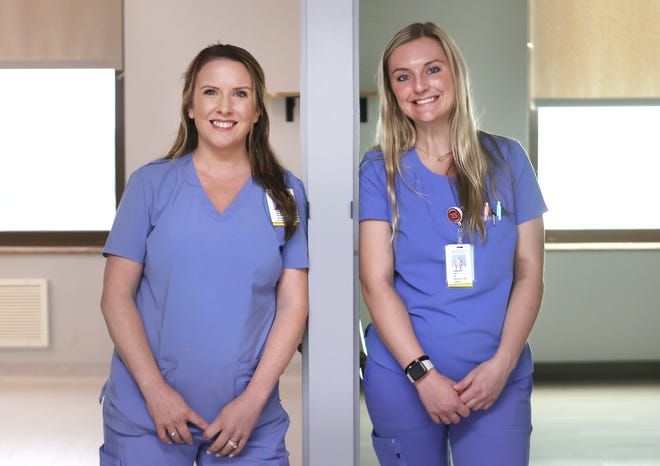 Nurses Amber Webb, left, and Lindsay Hale inside Saint Francis Hospital's new oncology training wing, where experienced nurses will team with new caregivers for a hands-on learning experience that was lost during portions of the pandemic where bedside training was replaced with remote learning.