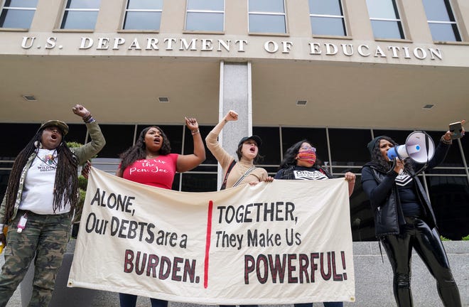 Demonstrators call for the cancellation of student loan debt outside the U.S. Department of Education on April 4th, 2022. The demonstration was organized by the Debt Collective, a group that recently bought and discharged student debt at Bennett College, an all-women's HBCU.