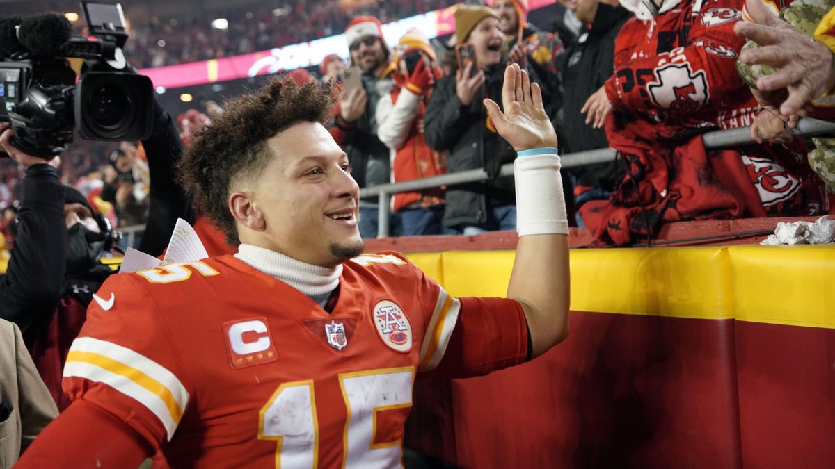 Chiefs quarterback Patrick Mahomes celebrates a thrilling 42-36 overtime win over the Buffalo Bills in last season's AFC Divisional playoff game in Kansas City.