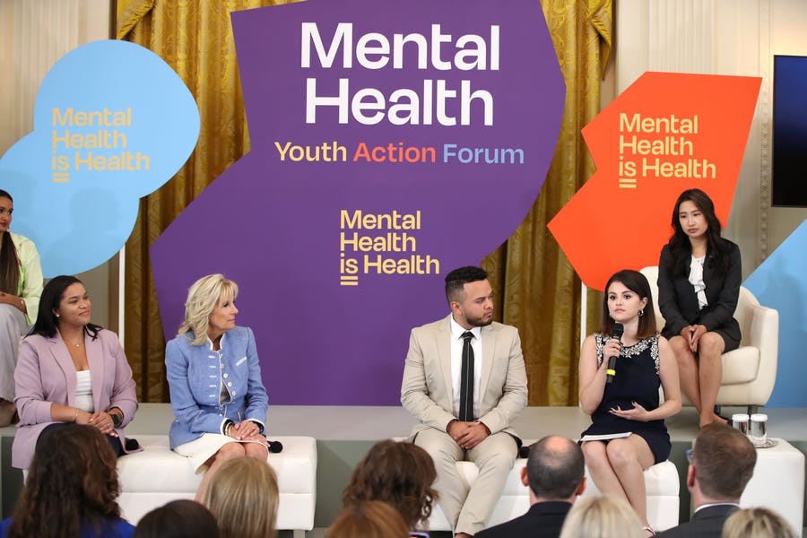 Dr. Jill Biden, Juan Acosta, Selena Gomez and Dr. Vivek Murthy appear on stage as MTV Entertainment hosts first ever Mental Health Youth Forum at The White House on May 18, 2022 in Washington, DC.