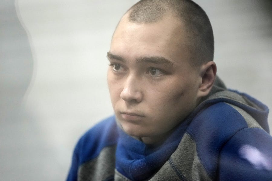 Captured Russian soldier, Sgt. Vadim Shishimarin, 21, attends a court hearing on May 18, 2022 in Kyiv, Ukraine.