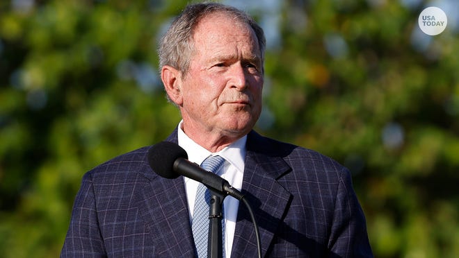 Former U.S. President George W. Bush speaks during the flag raising ceremony prior to The Walker Cup at Seminole Golf Club on May 07, 2021.