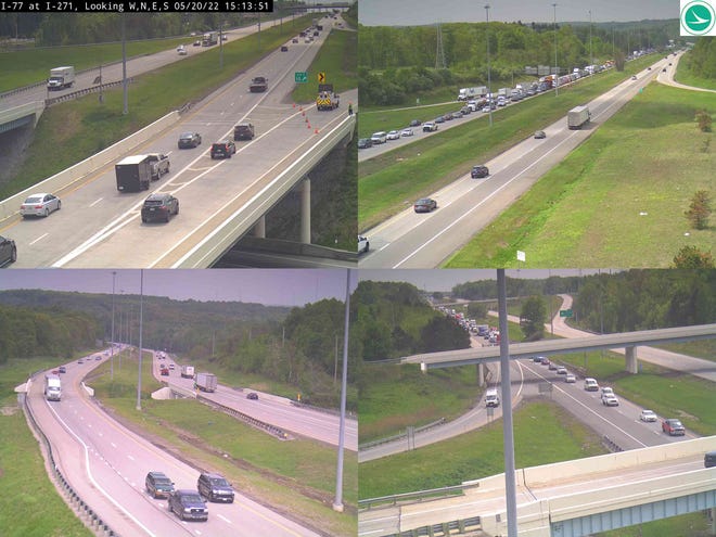 A view in four directions at the I-77/I-271 interchange shows traffic backed up in both directions on I-77.