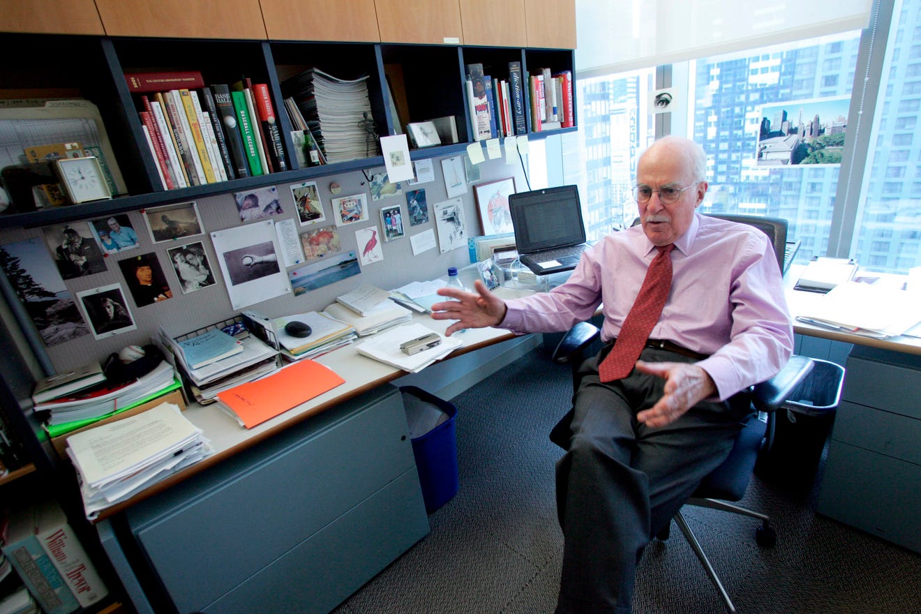 Author Roger Angell gestures during an interview at his office at the New Yorker magazine on April 4, 2006, in New York. Angell, a longtime New Yorker writer and editor, has died the New Yorker announced Friday, May 20, 2022. He was 101. Angell, the son of founding New Yorker editor Katharine White and stepson of E.B. White, contributed hundreds of essays and stories to the magazine over a 70-year career.