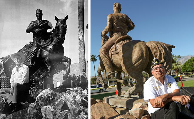 (left) Frank Bogert in front of the statue of him on horseback, early 1990s. (right) Amado Salinas II protests the removal of the Frank Bogert statue at Palm Springs City Hall in Palm Springs, Calif., May 17, 2022.