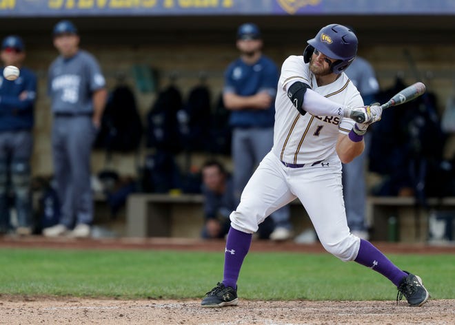 UW-Stevens Point's Aaron Simmons swings at a pitch against Lawrence University during a first-round NCAA regional game May 20 at Zimmermann Field in Stevens Point. The Pointers will play Salisbury on Friday in the opening game of the Division III World Series.