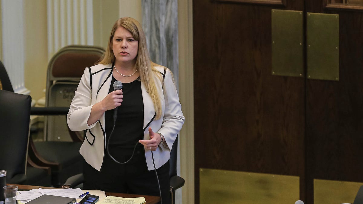 Rep. Wendi Stearman, R-Collinsville urges lawmakers to vote yes on House Bill 4327 during debate in the House of Representatives at the state Capitol in Oklahoma City, Thursday, May 19, 2022.